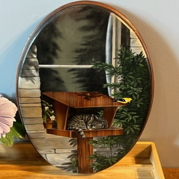 Vintage Cat in bird house Comical Painting on wood plaque wall decor cat lovers - Picture 4 of 5